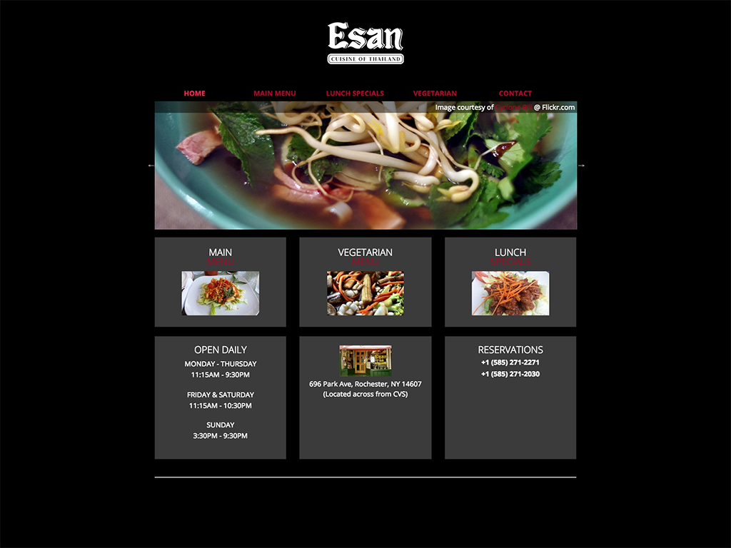 Esan Thai is a Park Avenue institution in Rochester, NY. They've had the same website for several years, but were looking to modernize. The site is basic black, to focus on the food.