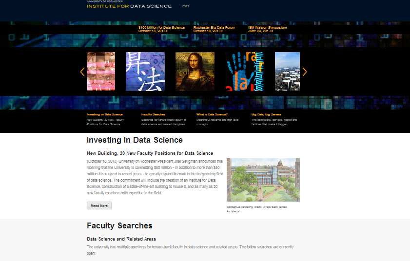 The University of Rochester's Data Science site. Responsive layout with Foundation 4, carousel and horizontal striped layout.